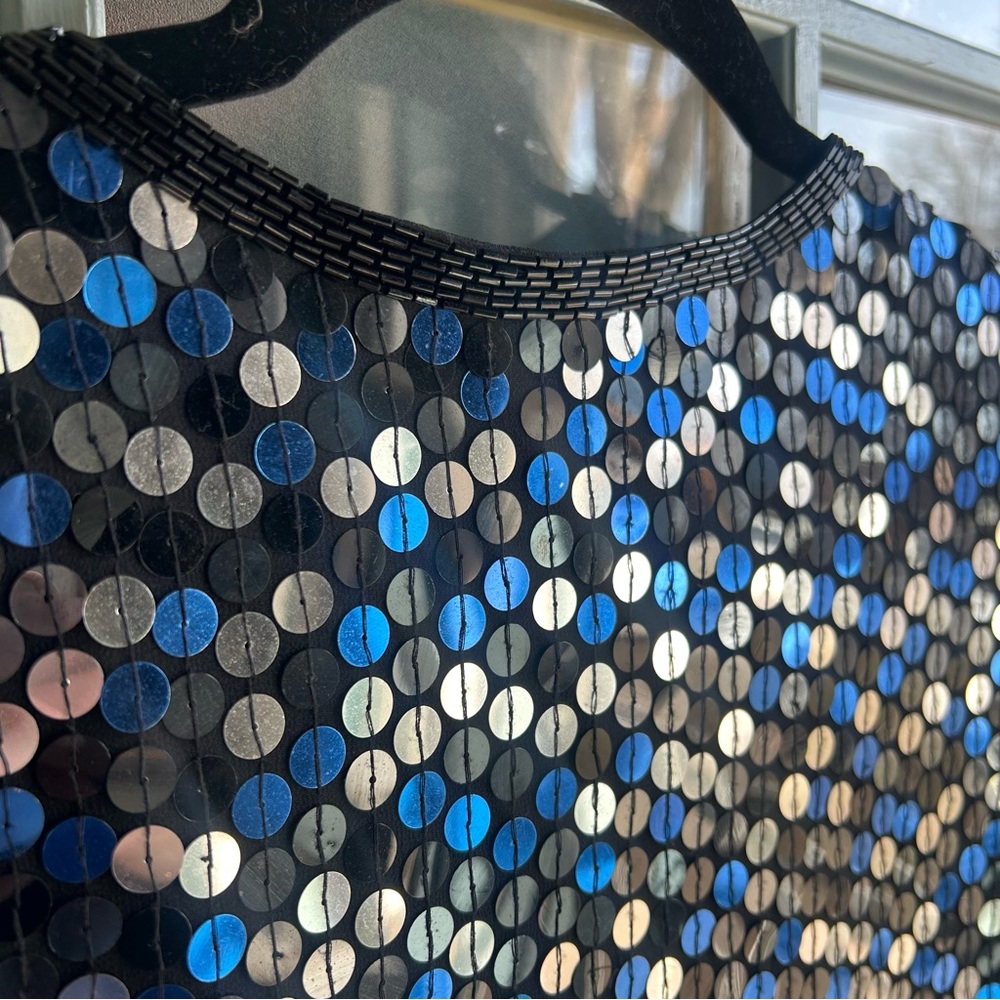 Vintage Sequin Beaded 100% Silk Oversized Jacket Oleg Cassini Silver & Blue L - Picture 10 of 12